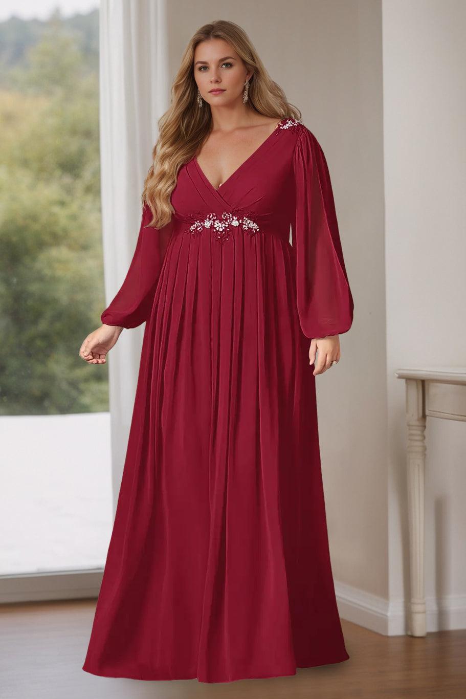 Plus Size Long A Line Mother of the Bride Dress with V Neck and Long Ruffled Sleeves