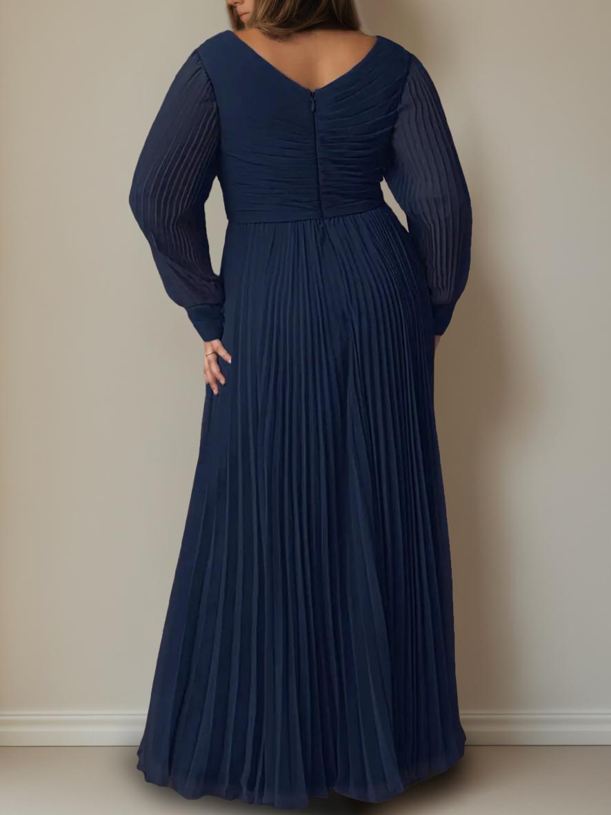 Plus Size Long A Line Mother of the Bride Dress with V Neck and Long Sleeves