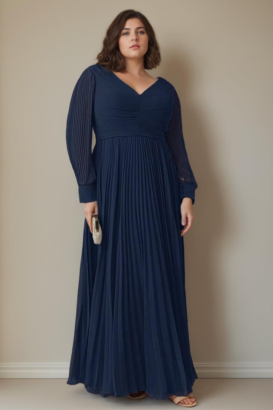 Plus Size Long A Line Mother of the Bride Dress with V Neck and Long Sleeves