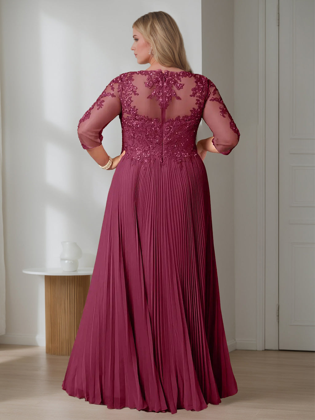 Plus Size Long A Line Scoop Neck Mother of the Bride Dress with Half Sleeves and Sequins