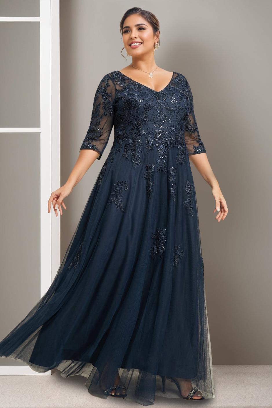 Plus Size Long A Line V Neck Mother of the Bride Dress with Half Sleeves and Sequins