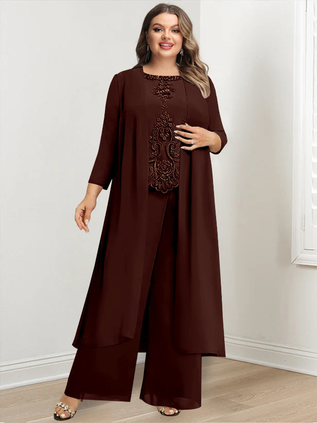 Plus Size Long Chiffon Pantsuit for the Mother of the Bride with Round Neck and Applique Jacket