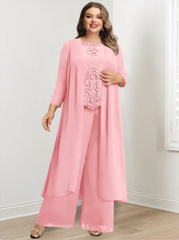 Plus Size Long Chiffon Pantsuit for the Mother of the Bride with Round Neck and Applique Jacket