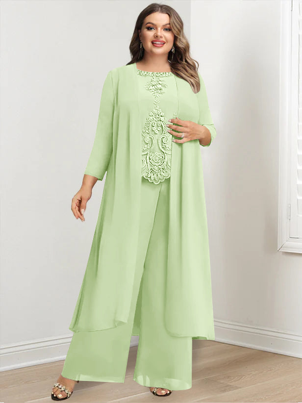 Plus Size Long Chiffon Pantsuit for the Mother of the Bride with Round Neck and Applique Jacket
