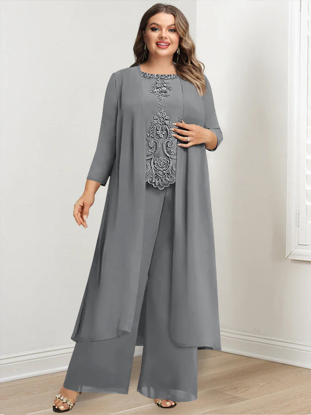 Plus Size Long Chiffon Pantsuit for the Mother of the Bride with Round Neck and Applique Jacket