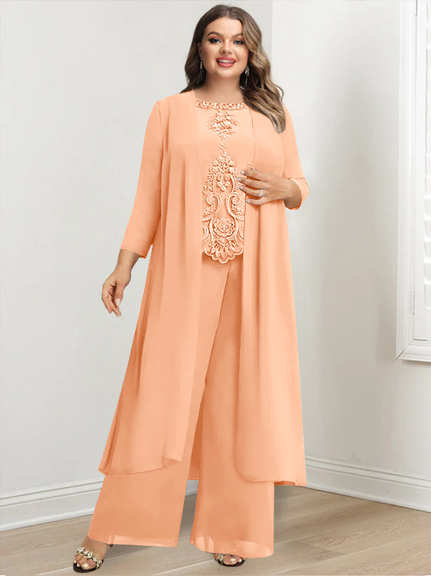 Plus Size Long Chiffon Pantsuit for the Mother of the Bride with Round Neck and Applique Jacket