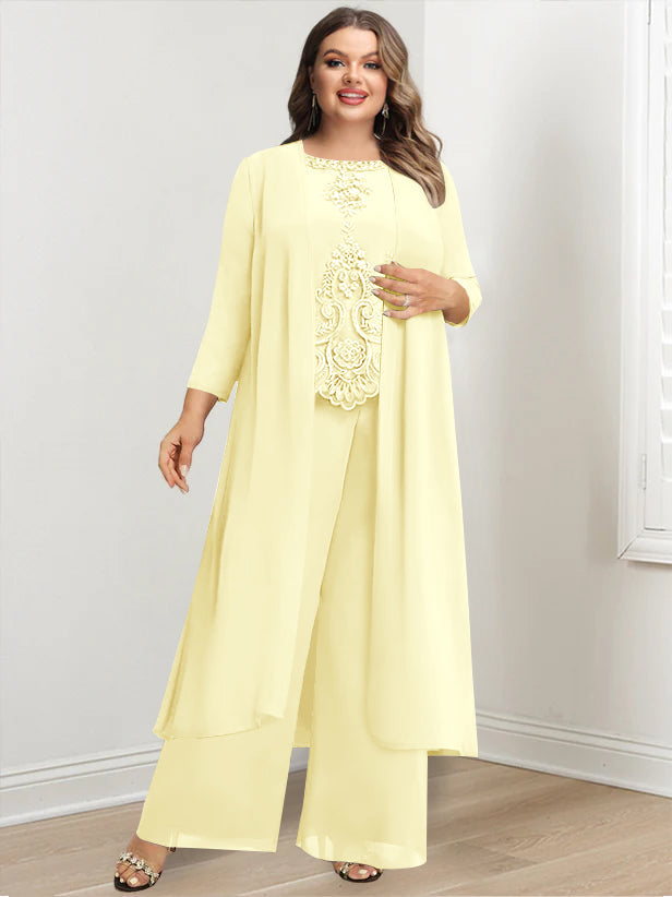 Plus Size Long Chiffon Pantsuit for the Mother of the Bride with Round Neck and Applique Jacket