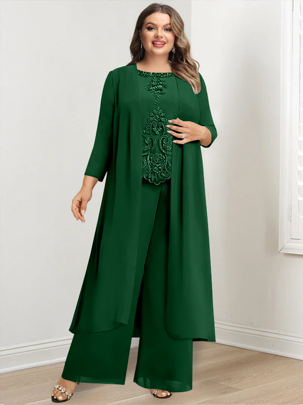 Plus Size Long Chiffon Pantsuit for the Mother of the Bride with Round Neck and Applique Jacket