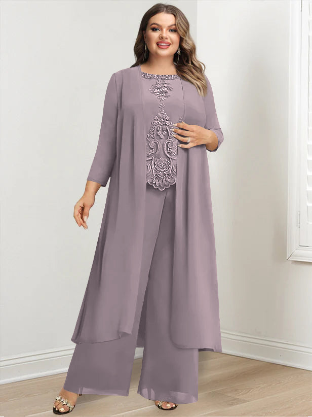 Plus Size Long Chiffon Pantsuit for the Mother of the Bride with Round Neck and Applique Jacket