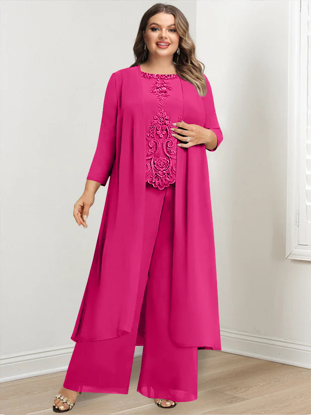 Plus Size Long Chiffon Pantsuit for the Mother of the Bride with Round Neck and Applique Jacket