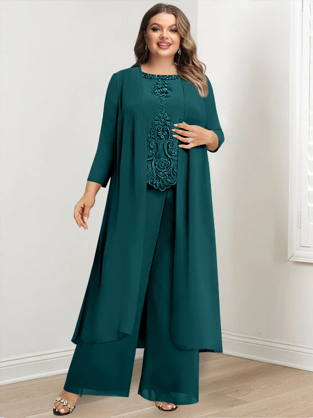 Plus Size Long Chiffon Pantsuit for the Mother of the Bride with Round Neck and Applique Jacket