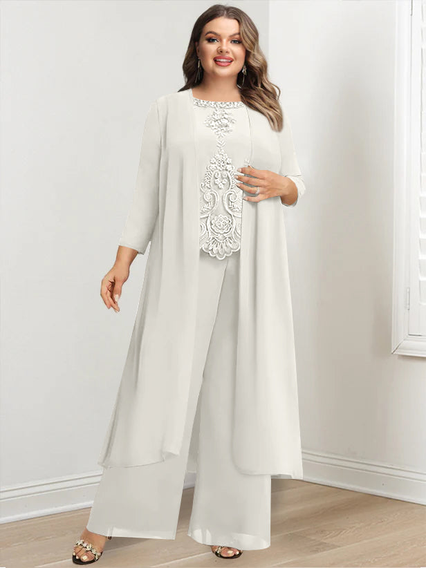 Plus Size Long Chiffon Pantsuit for the Mother of the Bride with Round Neck and Applique Jacket