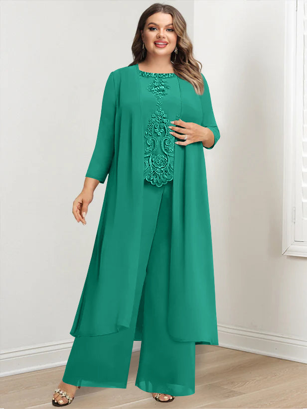 Plus Size Long Chiffon Pantsuit for the Mother of the Bride with Round Neck and Applique Jacket