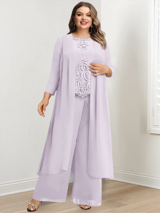 Plus Size Long Chiffon Pantsuit for the Mother of the Bride with Round Neck and Applique Jacket