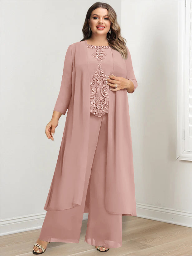 Plus Size Long Chiffon Pantsuit for the Mother of the Bride with Round Neck and Applique Jacket