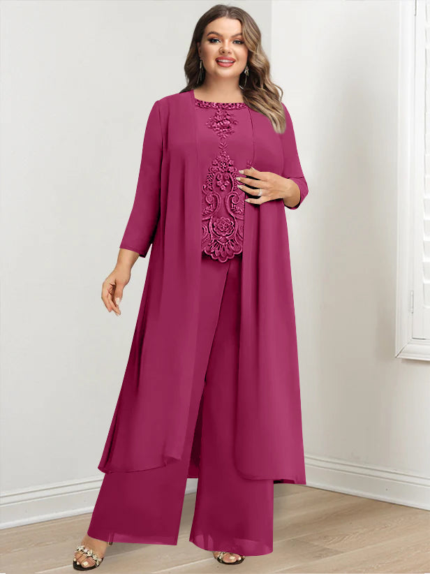 Plus Size Long Chiffon Pantsuit for the Mother of the Bride with Round Neck and Applique Jacket