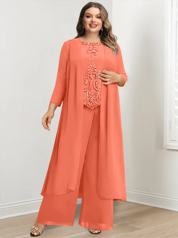 Plus Size Long Chiffon Pantsuit for the Mother of the Bride with Round Neck and Applique Jacket