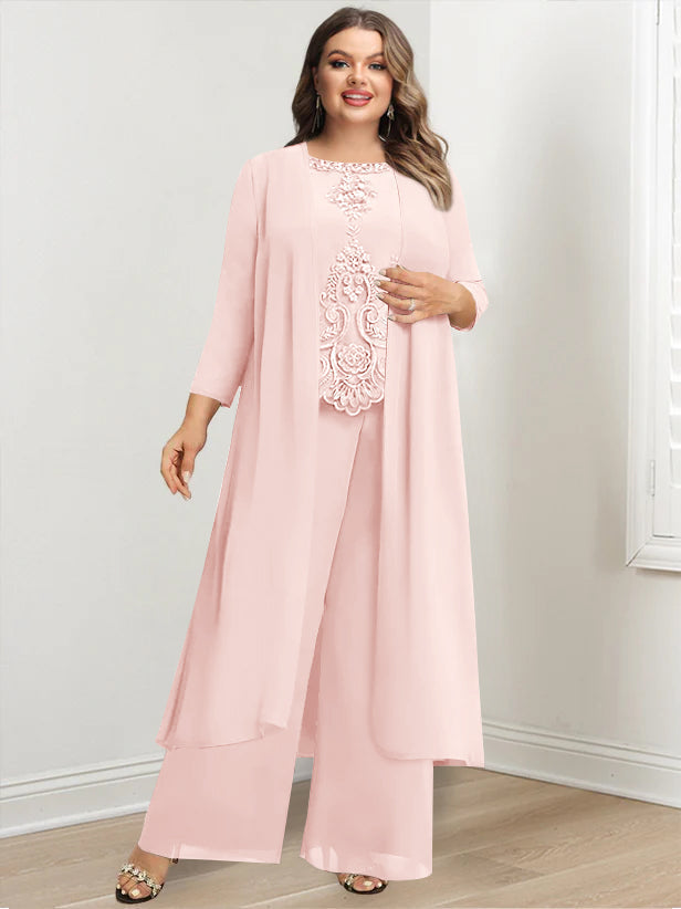 Plus Size Long Chiffon Pantsuit for the Mother of the Bride with Round Neck and Applique Jacket