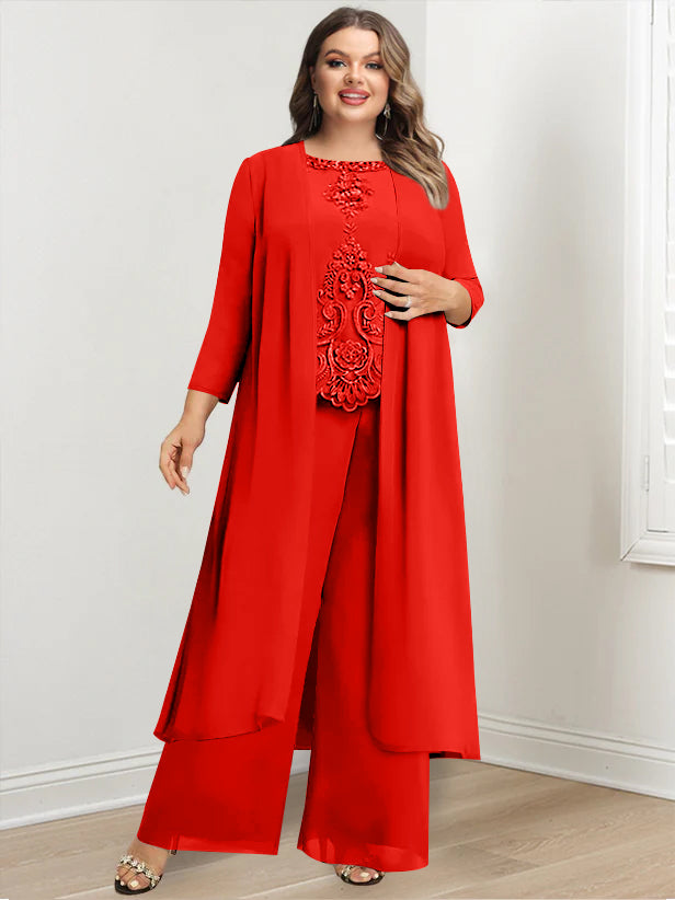 Plus Size Long Chiffon Pantsuit for the Mother of the Bride with Round Neck and Applique Jacket