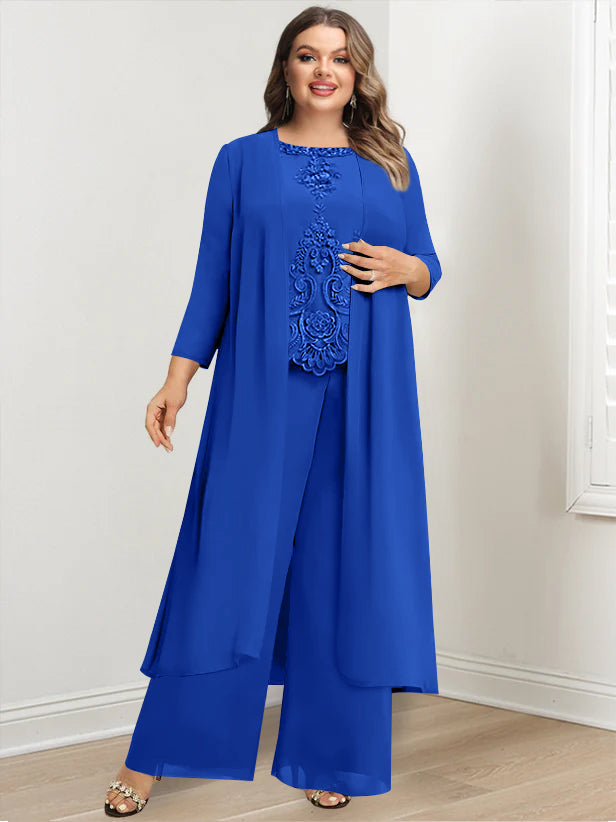Plus Size Long Chiffon Pantsuit for the Mother of the Bride with Round Neck and Applique Jacket