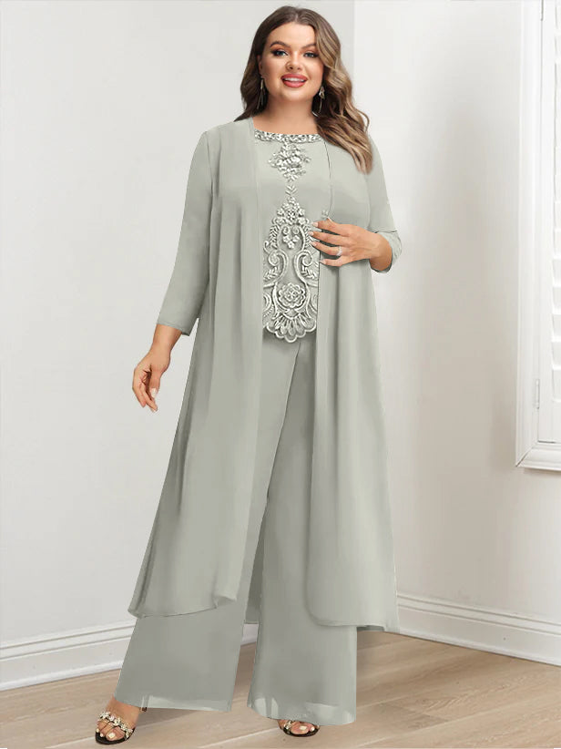 Plus Size Long Chiffon Pantsuit for the Mother of the Bride with Round Neck and Applique Jacket