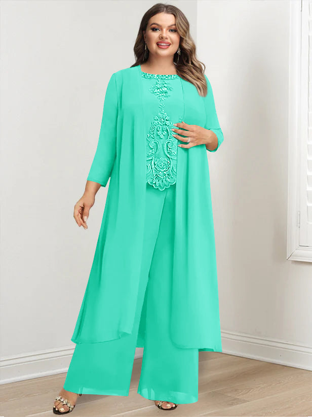 Plus Size Long Chiffon Pantsuit for the Mother of the Bride with Round Neck and Applique Jacket