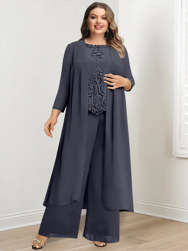 Plus Size Long Chiffon Pantsuit for the Mother of the Bride with Round Neck and Applique Jacket