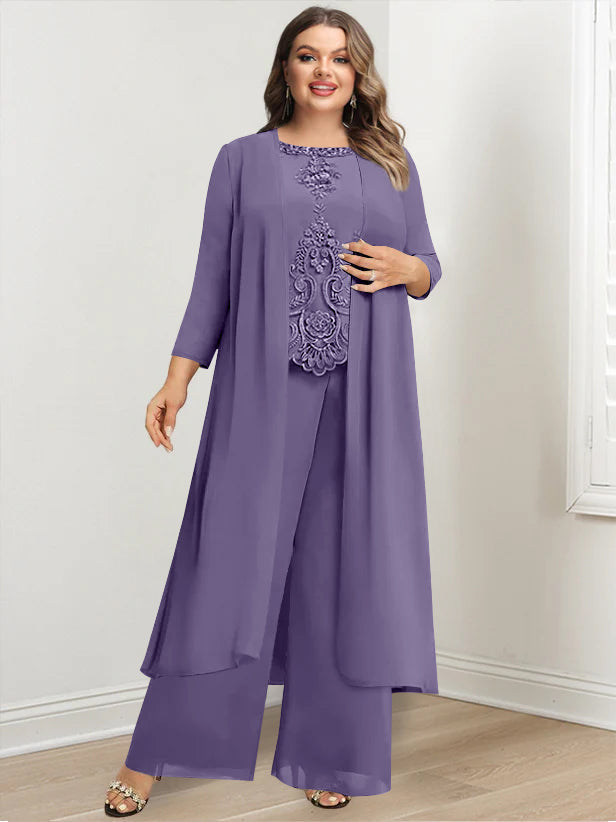 Plus Size Long Chiffon Pantsuit for the Mother of the Bride with Round Neck and Applique Jacket