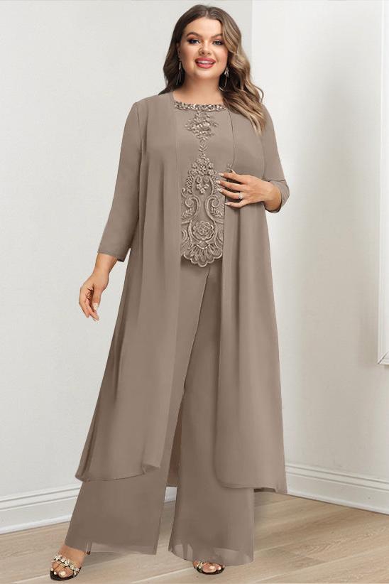 Plus Size Long Chiffon Pantsuit for the Mother of the Bride with Round Neck and Applique Jacket