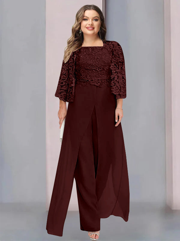 Plus Size Long Chiffon Pantsuit for the Mother of the Bride with Square Neck and Side Split
