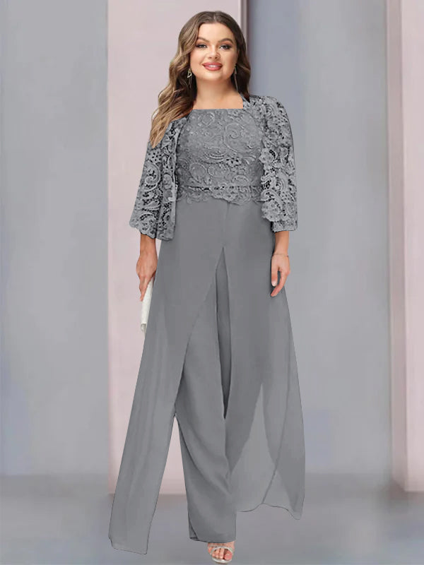 Plus Size Long Chiffon Pantsuit for the Mother of the Bride with Square Neck and Side Split