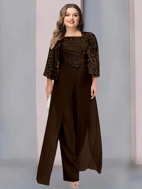 Plus Size Long Chiffon Pantsuit for the Mother of the Bride with Square Neck and Side Split