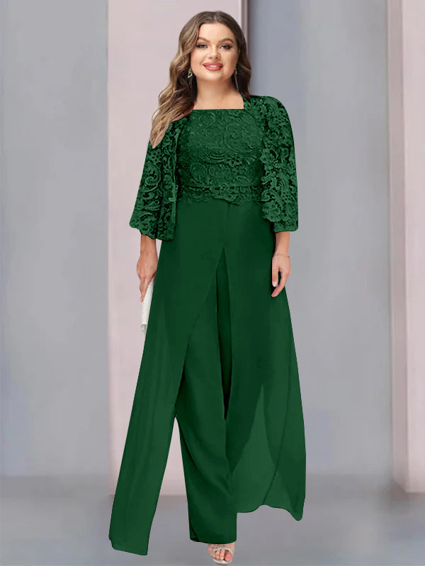 Plus Size Long Chiffon Pantsuit for the Mother of the Bride with Square Neck and Side Split