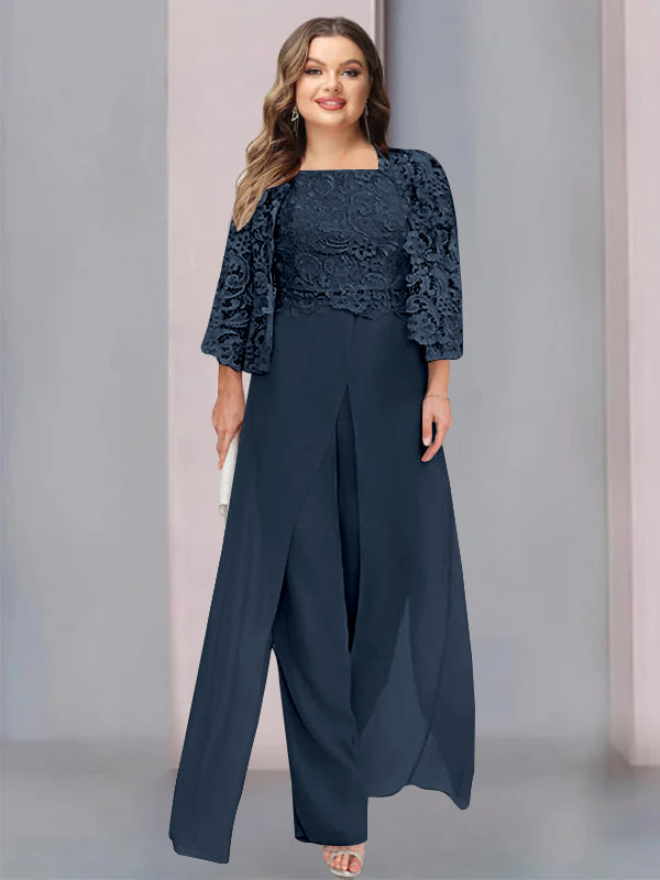 Plus Size Long Chiffon Pantsuit for the Mother of the Bride with Square Neck and Side Split
