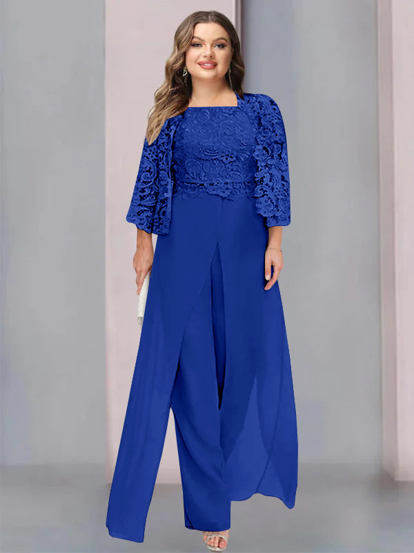 Plus Size Long Chiffon Pantsuit for the Mother of the Bride with Square Neck and Side Split