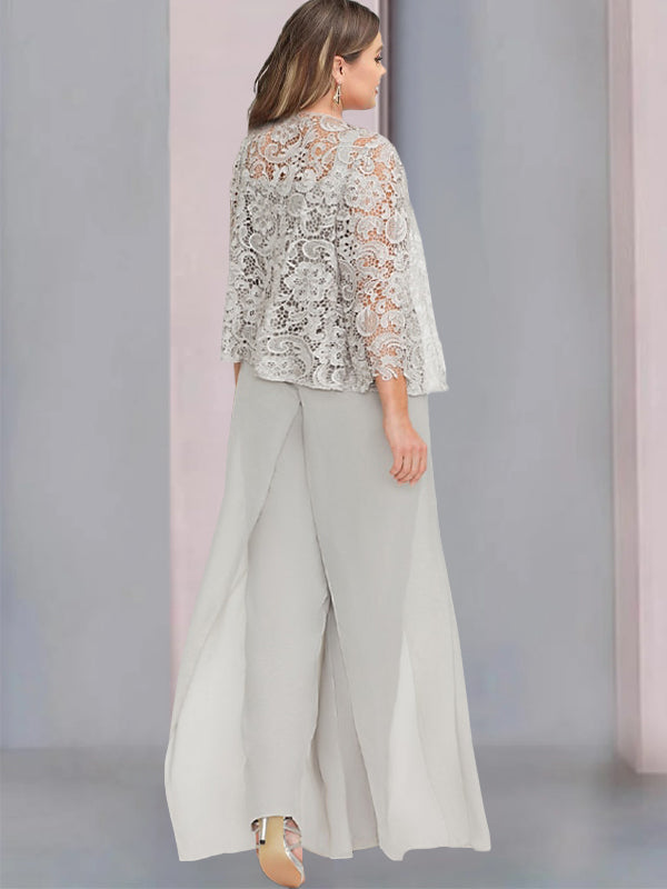 Plus Size Long Chiffon Pantsuit for the Mother of the Bride with Square Neck and Side Split