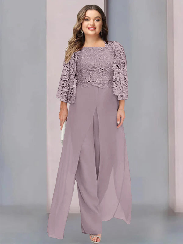 Plus Size Long Chiffon Pantsuit for the Mother of the Bride with Square Neck and Side Split