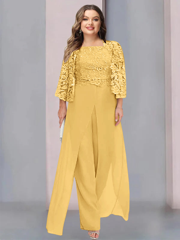 Plus Size Long Chiffon Pantsuit for the Mother of the Bride with Square Neck and Side Split