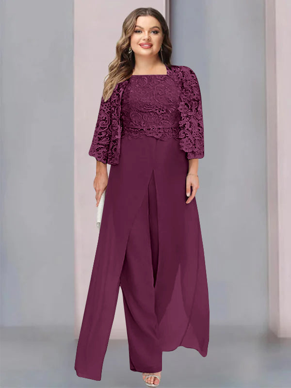 Plus Size Long Chiffon Pantsuit for the Mother of the Bride with Square Neck and Side Split