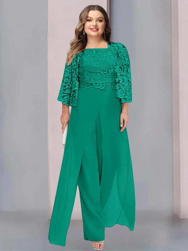 Plus Size Long Chiffon Pantsuit for the Mother of the Bride with Square Neck and Side Split