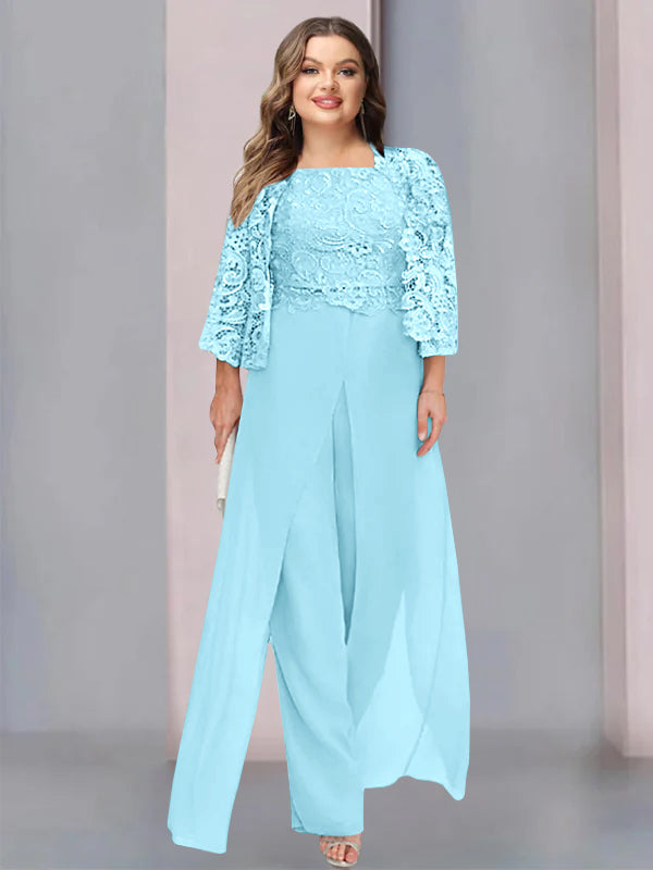 Plus Size Long Chiffon Pantsuit for the Mother of the Bride with Square Neck and Side Split