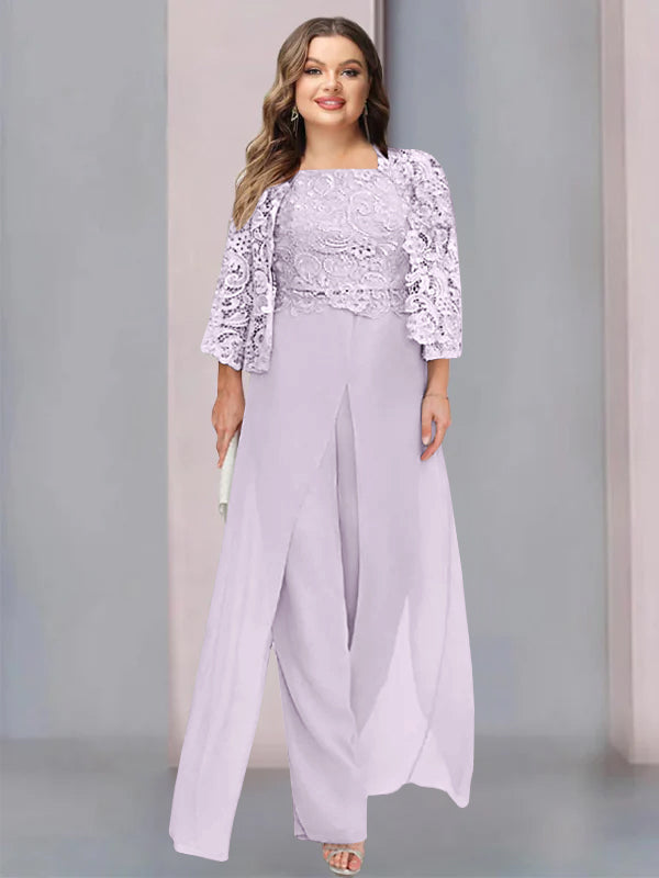 Plus Size Long Chiffon Pantsuit for the Mother of the Bride with Square Neck and Side Split