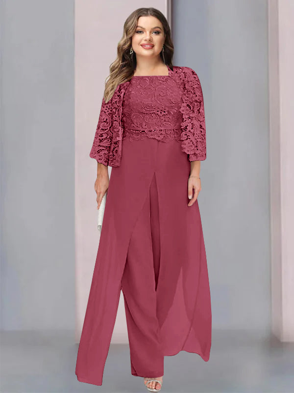 Plus Size Long Chiffon Pantsuit for the Mother of the Bride with Square Neck and Side Split