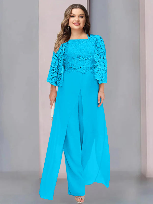 Plus Size Long Chiffon Pantsuit for the Mother of the Bride with Square Neck and Side Split