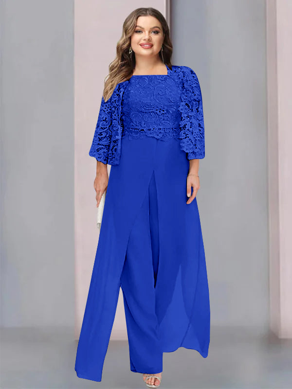 Plus Size Long Chiffon Pantsuit for the Mother of the Bride with Square Neck and Side Split