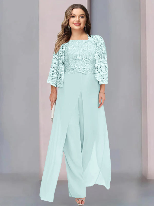 Plus Size Long Chiffon Pantsuit for the Mother of the Bride with Square Neck and Side Split