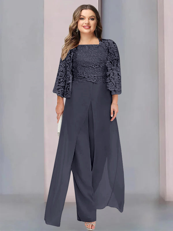 Plus Size Long Chiffon Pantsuit for the Mother of the Bride with Square Neck and Side Split
