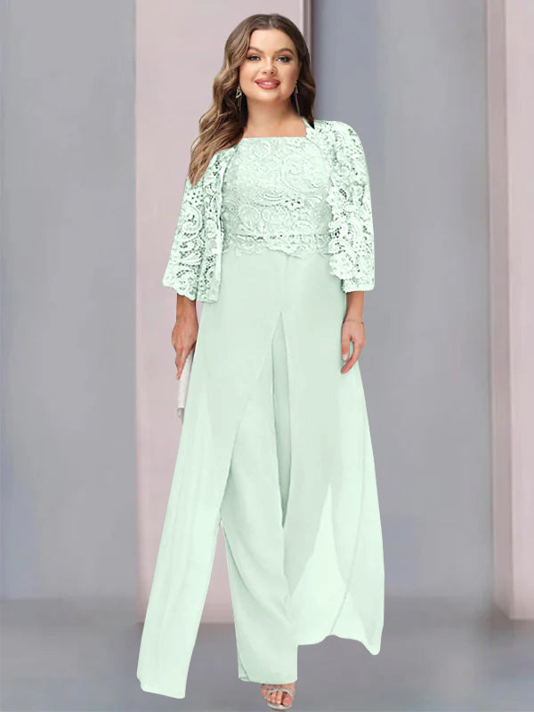 Plus Size Long Chiffon Pantsuit for the Mother of the Bride with Square Neck and Side Split