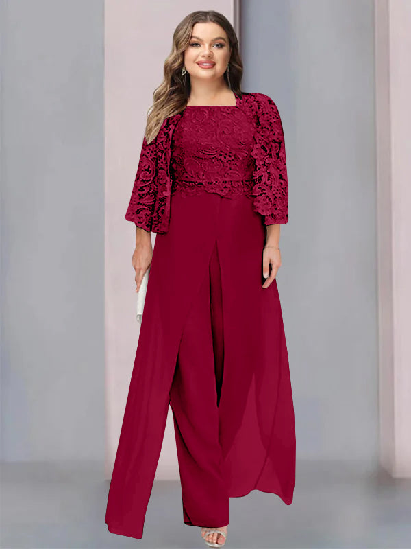 Plus Size Long Chiffon Pantsuit for the Mother of the Bride with Square Neck and Side Split