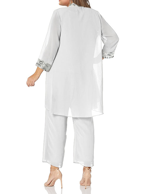 Plus Size Long Chiffon Pantsuits for the Mother of the Bride with Round Neck and Jacket